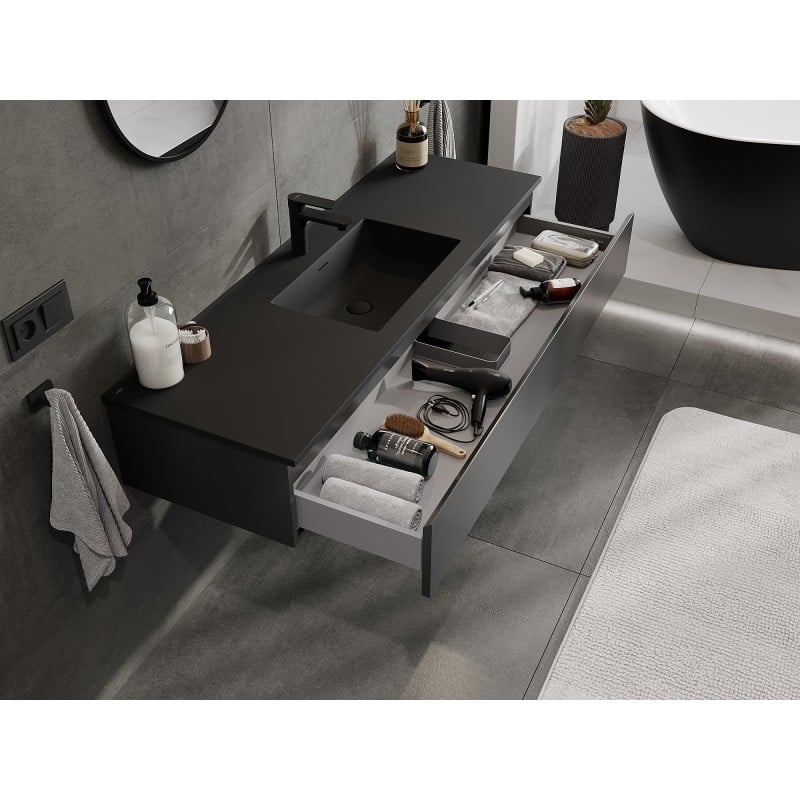 Mexen Orio Badezimmerschrank 140 cm mit Waschbecken Otis, 1 Schublade, schwarz matt - 91A10-14023-1-BF71-W18M71