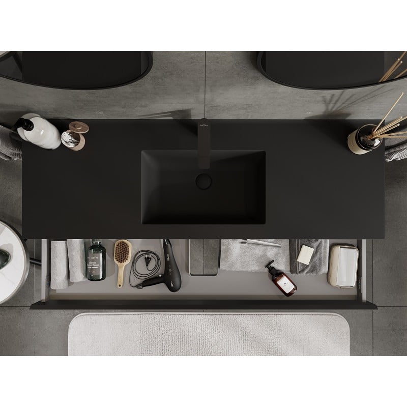 Mexen Orio Badezimmerschrank 140 cm mit Waschbecken Otis, 1 Schublade, schwarz matt - 91A10-14023-1-BF71-W18M71