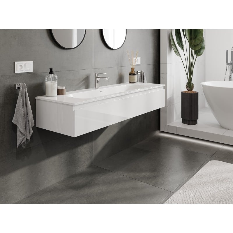 Mexen Orio Badezimmerschrank 140 cm mit Waschbecken Vela, 1 Schublade, weißer Glanz - 91A10-14023-1-BF00-W23M00