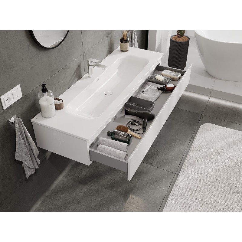 Mexen Orio Badezimmerschrank 140 cm mit Waschbecken Vela, 1 Schublade, weißer Glanz - 91A10-14023-1-BF00-W23M00