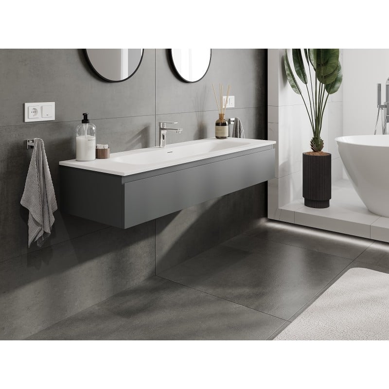 Mexen Orio Badezimmerschrank 140 cm mit Waschbecken Vela, 1 Schublade, Graphit matt/Weiß matt - 91A10-14023-1-BF66-W23M01