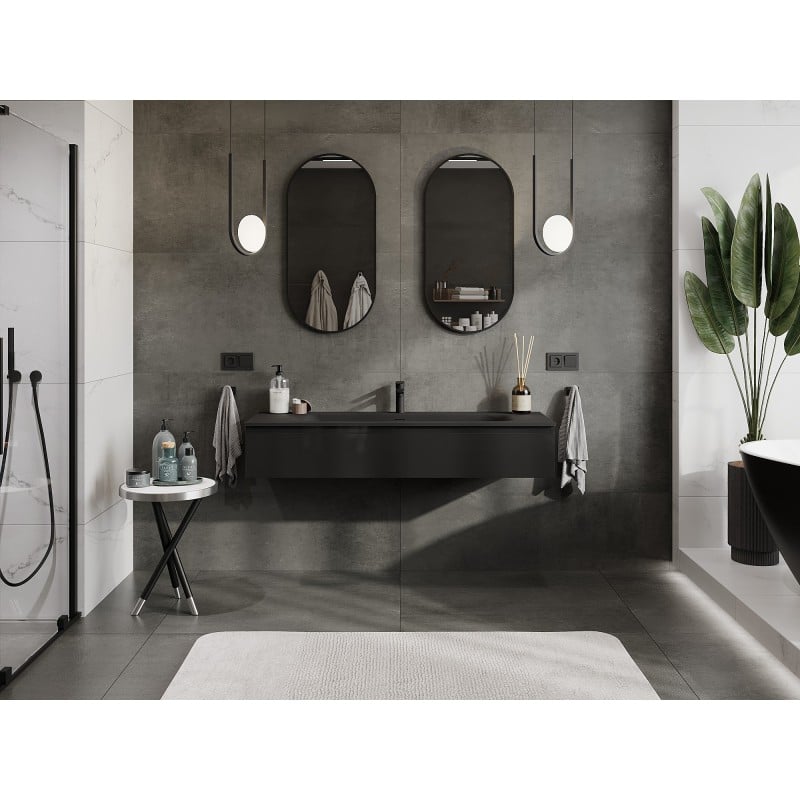 Mexen Orio 140 cm Badezimmerschrank mit Waschbecken Vela, 1 Schublade, Schwarz Hochglanz/Schwarz Matt