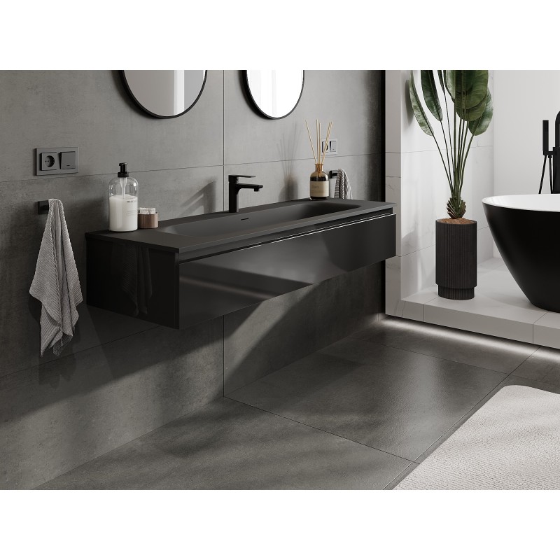 Mexen Orio 140 cm Badezimmerschrank mit Waschbecken Vela, 1 Schublade, Schwarz Hochglanz/Schwarz Matt