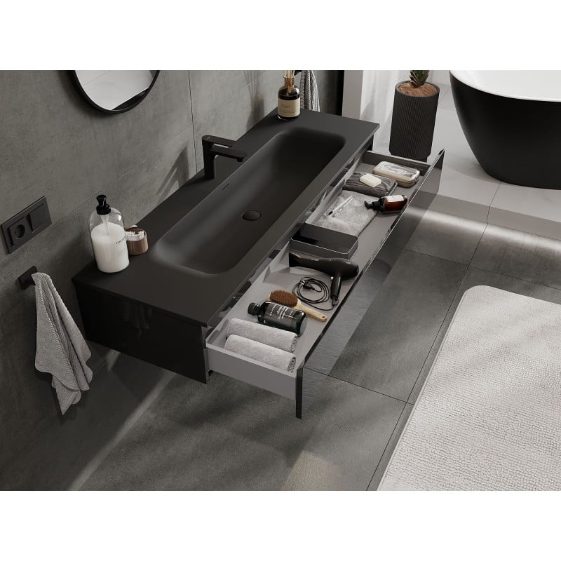 Mexen Orio 140 cm Badezimmerschrank mit Waschbecken Vela, 1 Schublade, Schwarz Hochglanz/Schwarz Matt