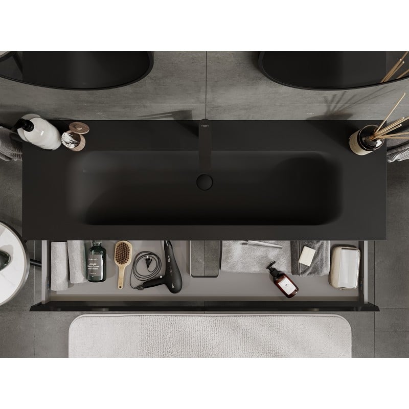 Mexen Orio 140 cm Badezimmerschrank mit Waschbecken Vela, 1 Schublade, Schwarz Hochglanz/Schwarz Matt