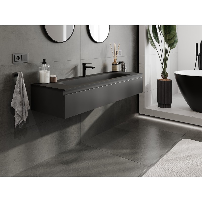 Mexen Orio Badezimmerschrank 140 cm mit Waschbecken Vela, 1 Schublade, schwarz matt - 91A10-14023-1-BF71-W23M71