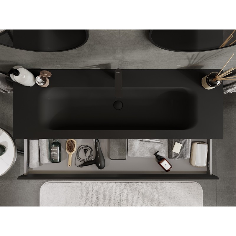 Mexen Orio Badezimmerschrank 140 cm mit Waschbecken Vela, 1 Schublade, schwarz matt - 91A10-14023-1-BF71-W23M71