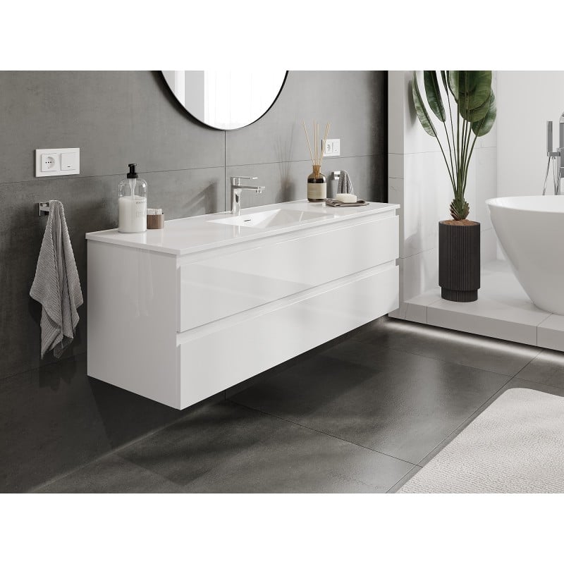 Mexen Orio Badezimmerschrank 140 cm mit Waschbecken Otis, 2 Schubladen, weiß glänzend - 91A10-14047-2-BFF00-W18M00