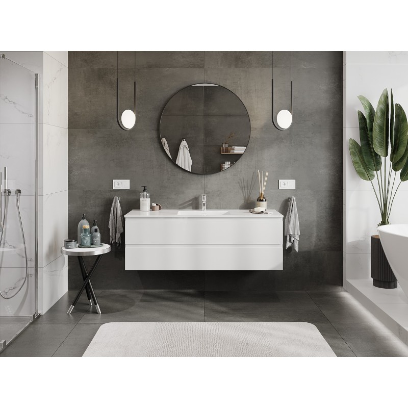 Mexen Orio Badezimmerschrank 140 cm mit Waschbecken Otis, 2 Schubladen, weiß glänzend - 91A10-14047-2-BFF00-W18M00