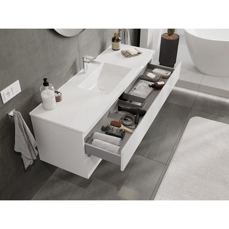 Mexen Orio Badezimmerschrank 140 cm mit Waschbecken Otis, 2 Schubladen, weiß glänzend - 91A10-14047-2-BFF00-W18M00