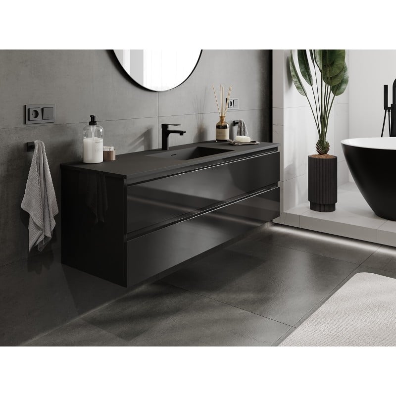 Mexen Orio Badezimmerschrank 140 cm mit Waschbecken Otis, 2 Schubladen, Schwarz Glanz/Schwarz Matt - 91A10-14047-2-BFF70-W18M71