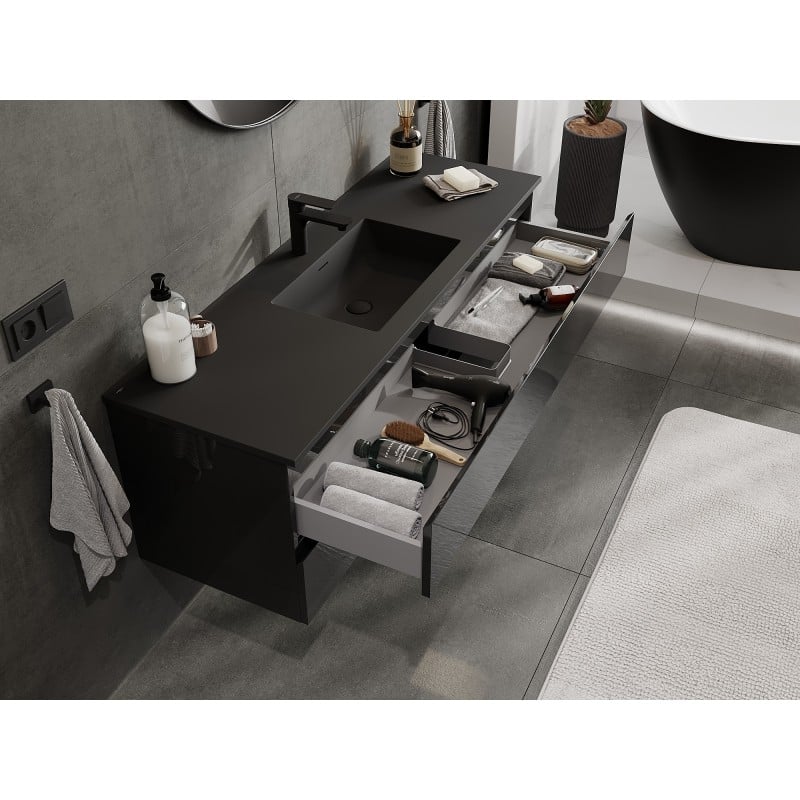 Mexen Orio Badezimmerschrank 140 cm mit Waschbecken Otis, 2 Schubladen, Schwarz Glanz/Schwarz Matt - 91A10-14047-2-BFF70-W18M71