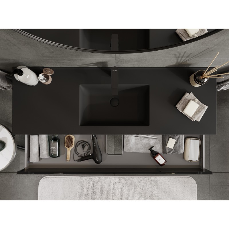 Mexen Orio Badezimmerschrank 140 cm mit Waschbecken Otis, 2 Schubladen, Schwarz Glanz/Schwarz Matt - 91A10-14047-2-BFF70-W18M71
