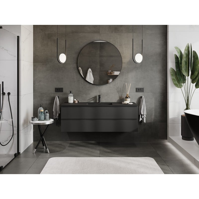 Mexen Orio Badezimmerschrank 140 cm mit Waschbecken Otis, 2 Schubladen, Schwarz Matt - 91A10-14047-2-BFF71-W18M71