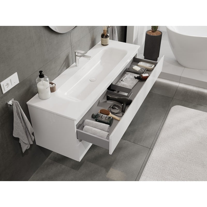 Mexen Orio Badezimmerunterschrank 140 cm mit Waschbecken Vela, 2 Schubladen, weiß glänzend - 91A10-14047-2-BFF00-W23M00
