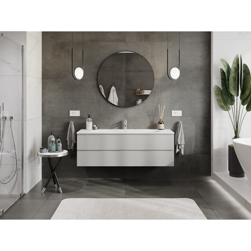 Mexen Orio Badezimmerschrank 140 cm mit Waschbecken Vela, 2 Schubladen, grau matt/weiß matt - 91A10-14047-2-BFF62-W23M01