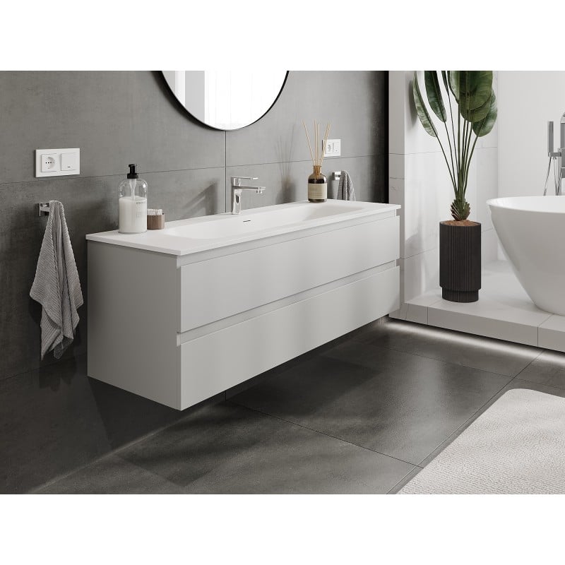 Mexen Orio Badezimmerschrank 140 cm mit Waschbecken Vela, 2 Schubladen, grau matt/weiß matt - 91A10-14047-2-BFF62-W23M01