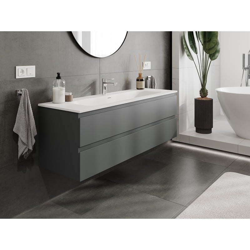 Mexen Orio Badezimmerschrank 140 cm mit Waschbecken Vela, 2 Schubladen, Grafit matt/Weiß matt - 91A10-14047-2-BFF66-W23M01