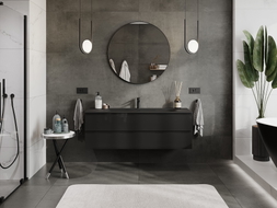 Mexen Orio Badezimmerschrank 140 cm mit Waschbecken Vela, 2 Schubladen, Schwarz glänzend/Schwarz matt