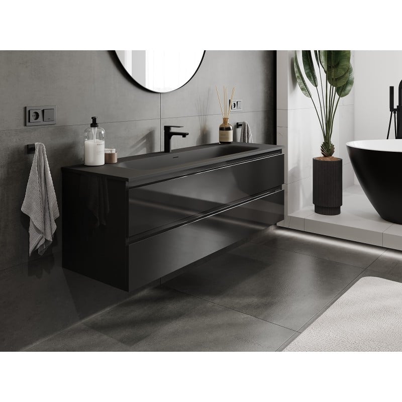 Mexen Orio Badezimmerschrank 140 cm mit Waschbecken Vela, 2 Schubladen, Schwarz glänzend/Schwarz matt