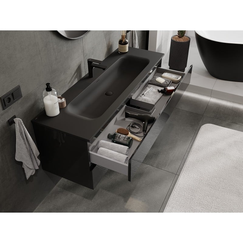Mexen Orio Badezimmerschrank 140 cm mit Waschbecken Vela, 2 Schubladen, Schwarz glänzend/Schwarz matt