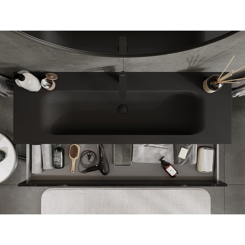 Mexen Orio Badezimmerschrank 140 cm mit Waschbecken Vela, 2 Schubladen, Schwarz glänzend/Schwarz matt