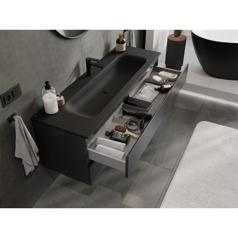 Mexen Orio Badezimmerunterschrank 140 cm mit Waschbecken Vela, 2 Schubladen, schwarz matt - 91A10-14047-2-BFF71-W23M71