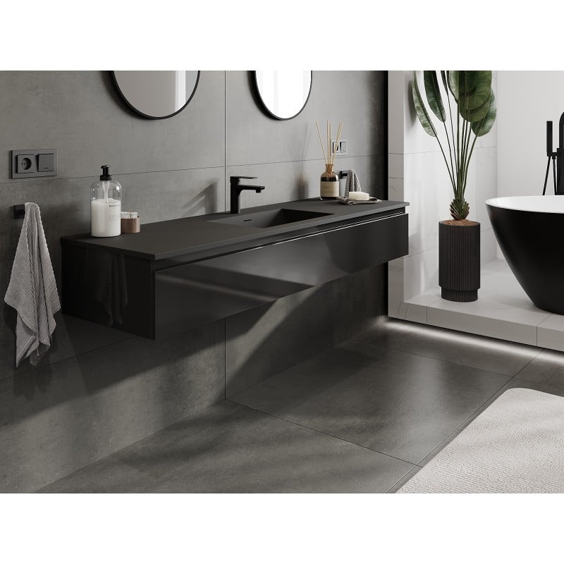 Mexen Orio Badezimmerschrank 160 cm mit Waschbecken Otis, 1 Schublade, schwarz glänzend/schwarz matt