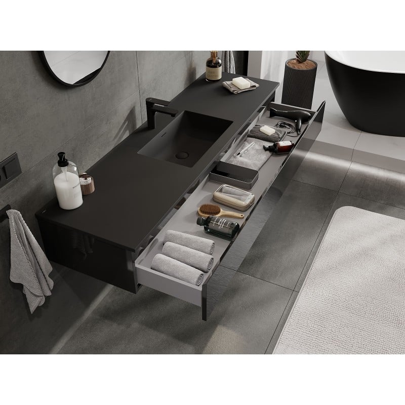Mexen Orio Badezimmerschrank 160 cm mit Waschbecken Otis, 1 Schublade, schwarz glänzend/schwarz matt