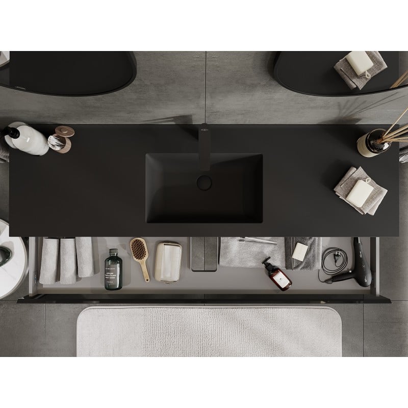 Mexen Orio Badezimmerschrank 160 cm mit Waschbecken Otis, 1 Schublade, schwarz glänzend/schwarz matt