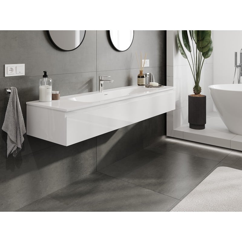 Mexen Orio Badezimmerschrank 160 cm mit Waschbecken Vela, 1 Schublade, weiß glänzend - 91A10-16023-1-BF00-W23M00