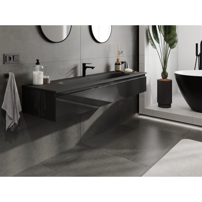 Mexen Orio Badezimmerschrank 160 cm mit Waschbecken Vela, 1 Schublade, schwarz glänzend/schwarz matt