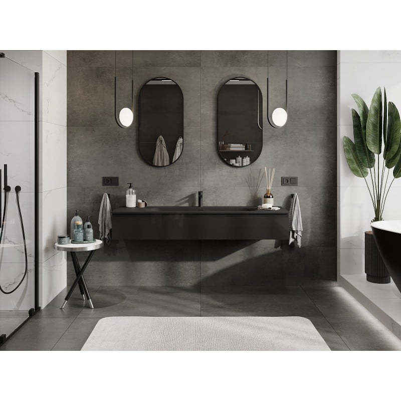Mexen Orio Badezimmerschrank 160 cm mit Waschbecken Vela, 1 Schublade, schwarz glänzend/schwarz matt