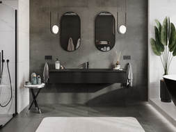 Mexen Orio Badezimmerschrank 160 cm mit Waschbecken Vela, 1 Schublade, schwarz glänzend/schwarz matt
