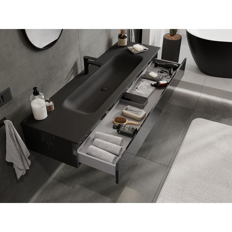 Mexen Orio Badezimmerschrank 160 cm mit Waschbecken Vela, 1 Schublade, schwarz glänzend/schwarz matt
