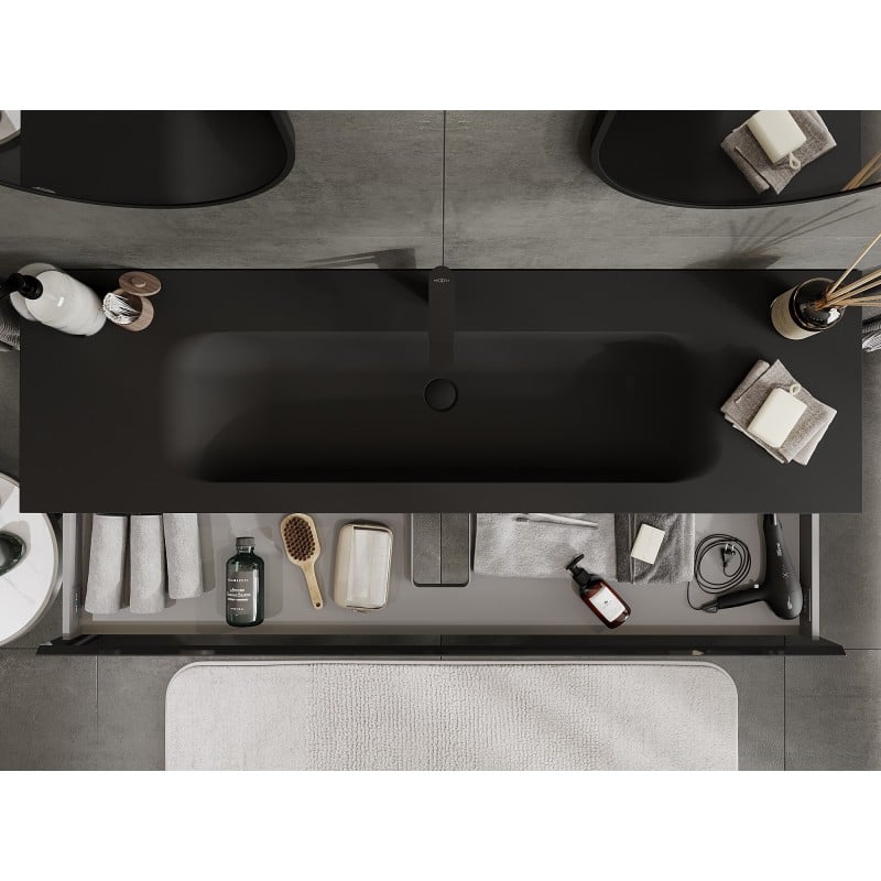 Mexen Orio Badezimmerschrank 160 cm mit Waschbecken Vela, 1 Schublade, schwarz glänzend/schwarz matt