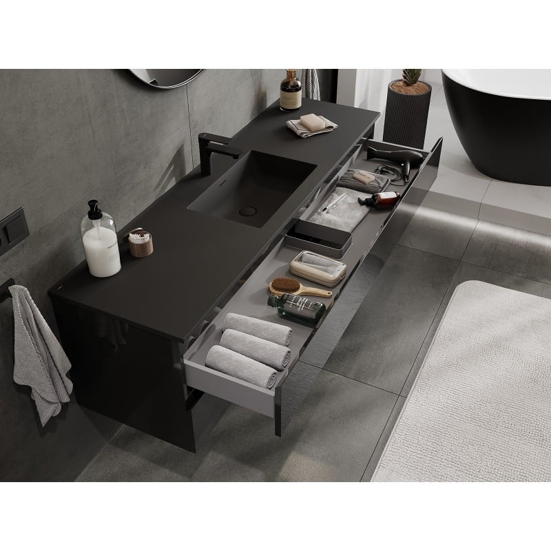 Mexen Orio 160 cm Badezimmermöbel mit Waschbecken Otis, 2 Schubladen, Schwarz Glanz/Schwarz Matt - 91A10-16047-2-BFF70-W18M71