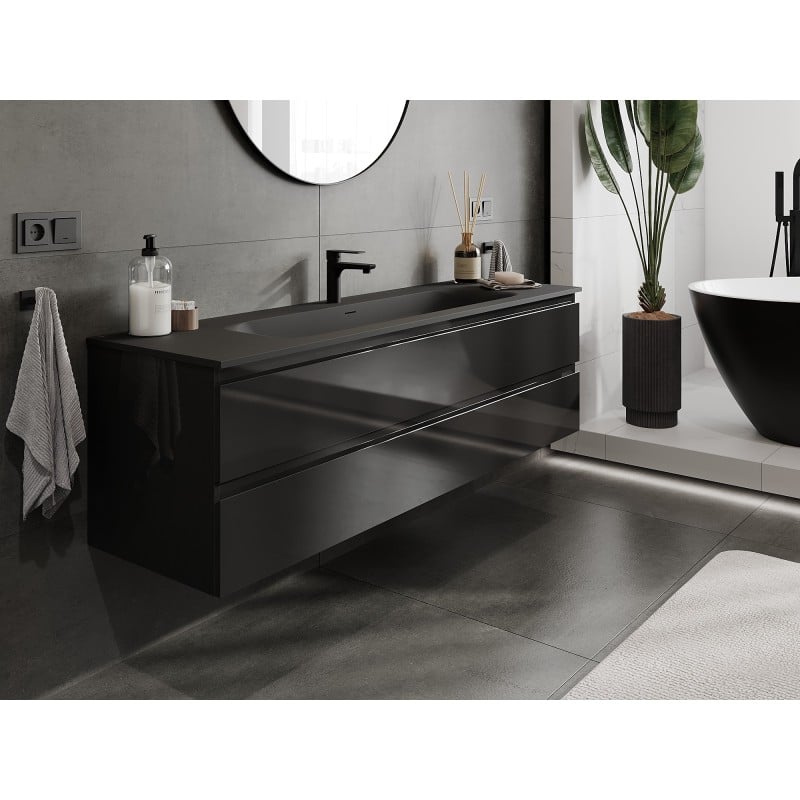 Mexen Orio Badezimmerschrank 160 cm mit Waschbecken Vela, 2 Schubladen, schwarz Hochglanz/schwarz matt