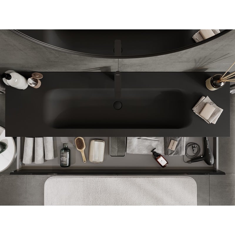 Mexen Orio Badezimmerschrank 160 cm mit Waschbecken Vela, 2 Schubladen, schwarz Hochglanz/schwarz matt