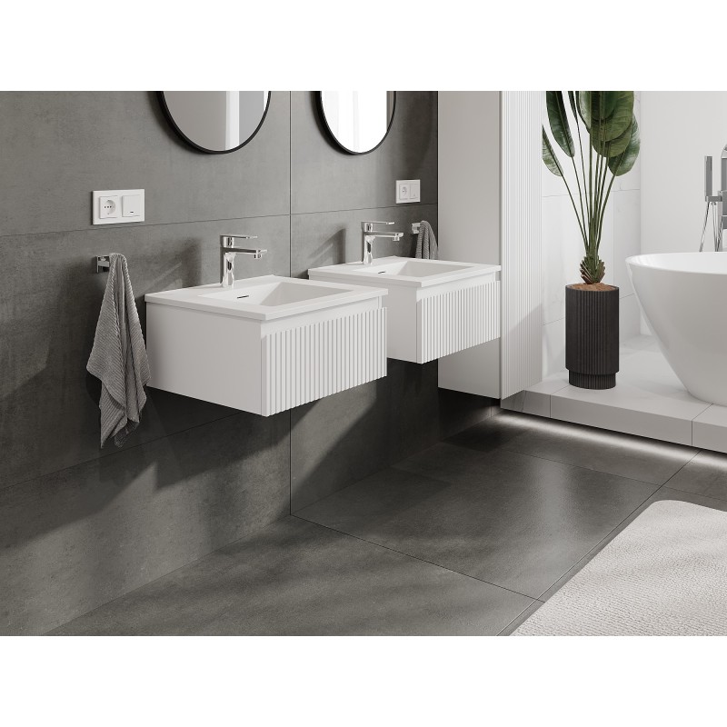 Mexen Rivel Badezimmerschrank 50 cm mit Waschbecken Otis, 1 Schublade, geriffelt, weiß matt - 91A20-05023-1-BF01-W18M01