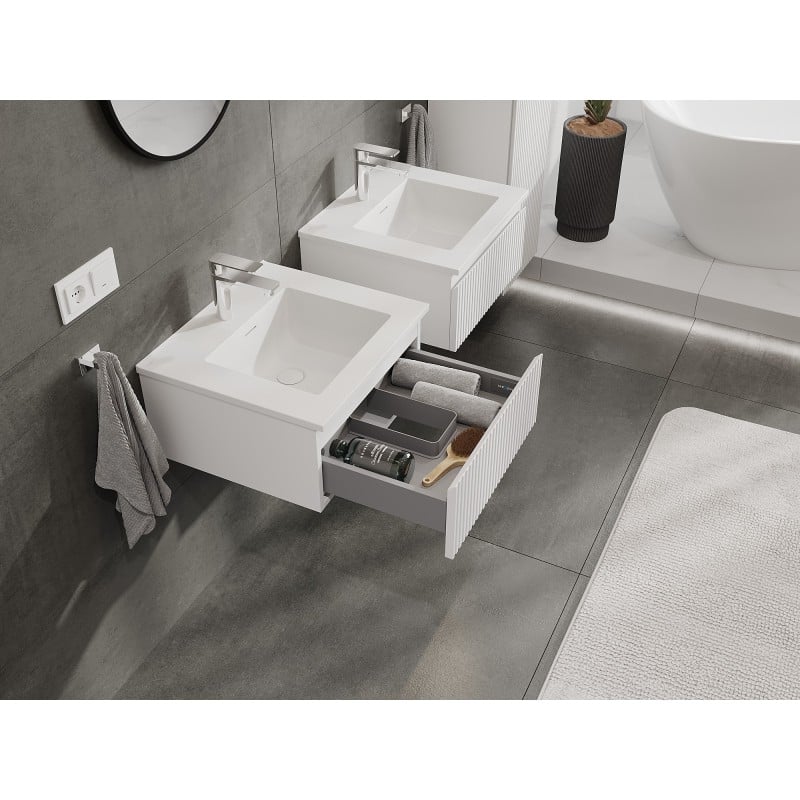 Mexen Rivel Badezimmerschrank 50 cm mit Waschbecken Otis, 1 Schublade, geriffelt, weiß matt - 91A20-05023-1-BF01-W18M01