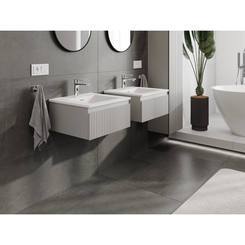 Mexen Rivel Badezimmerschrank 50 cm mit Waschbecken Otis, 1 Schublade, geriffelt, grau matt/weiß matt