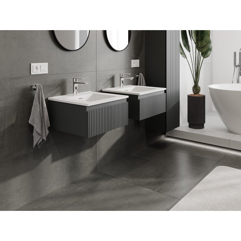 Mexen Rivel Badezimmerschrank 50 cm mit Waschbecken Otis, 1 Schublade, geriffelt, Graphit Matt/Weiß Matt