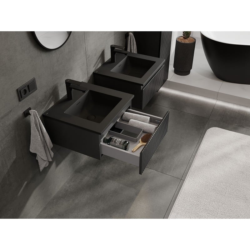 Mexen Rivel Badezimmerschrank 50 cm mit Waschbecken Otis, 1 Schublade, geriffelt, schwarz matt - 91A20-05023-1-BF71-W18M71