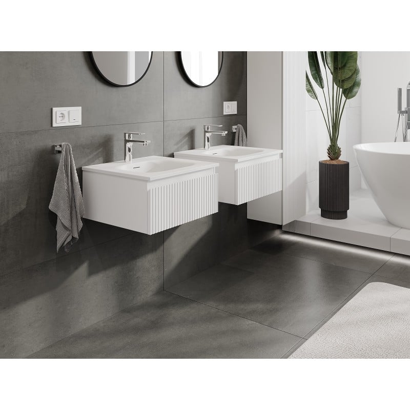 Mexen Rivel Badezimmerschrank 50 cm mit Waschbecken Vela, 1 Schublade, geriffelt, weiß matt - 91A20-05023-1-BF01-W23M01