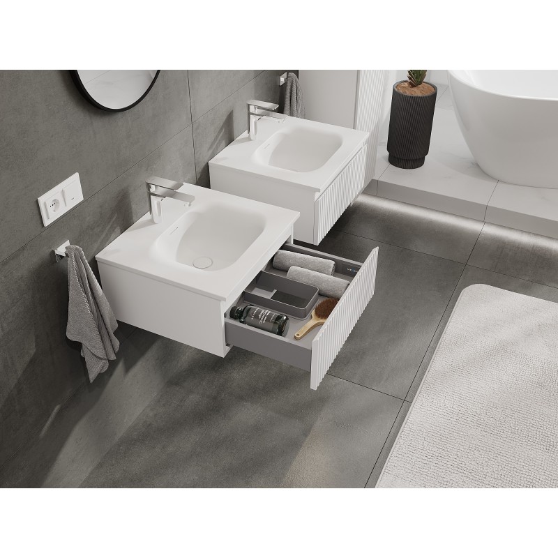 Mexen Rivel Badezimmerschrank 50 cm mit Waschbecken Vela, 1 Schublade, geriffelt, weiß matt - 91A20-05023-1-BF01-W23M01