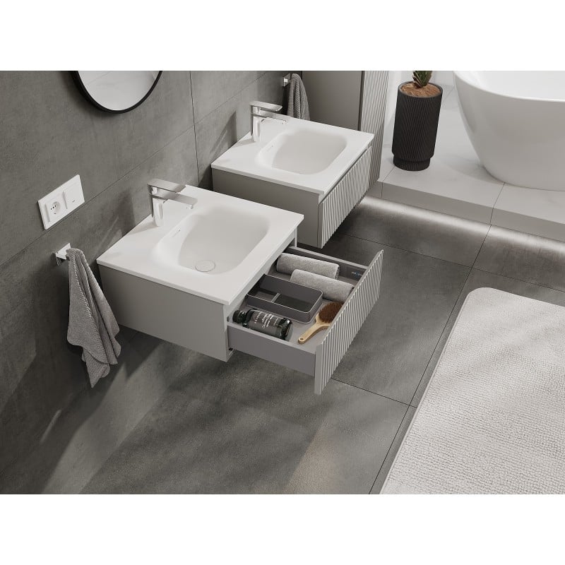 Mexen Rivel Badezimmerschrank 50 cm mit Waschbecken Vela, 1 Schublade, gerillt, grau matt/weiß matt - 91A20-05023-1-BF62-W23M01