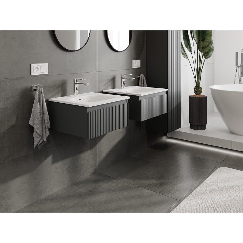 Mexen Rivel Badezimmerschrank 50 cm mit Waschbecken Vela, 1 Schublade, geriffelt, Graphit matt/Weiß matt