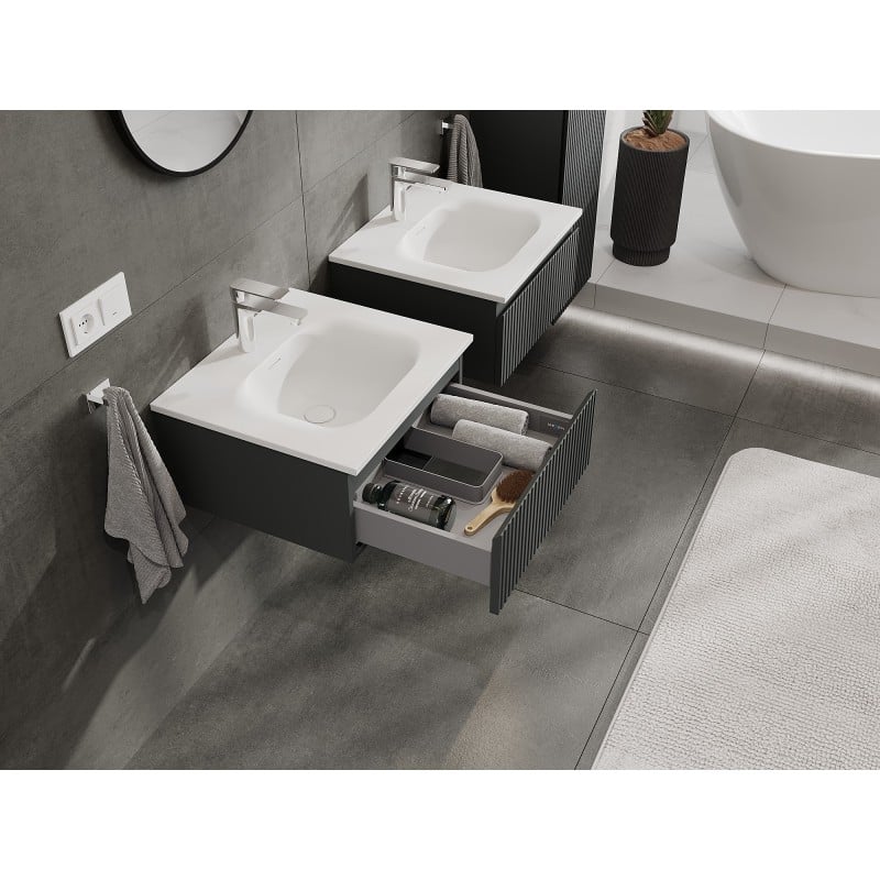 Mexen Rivel Badezimmerschrank 50 cm mit Waschbecken Vela, 1 Schublade, geriffelt, Graphit matt/Weiß matt