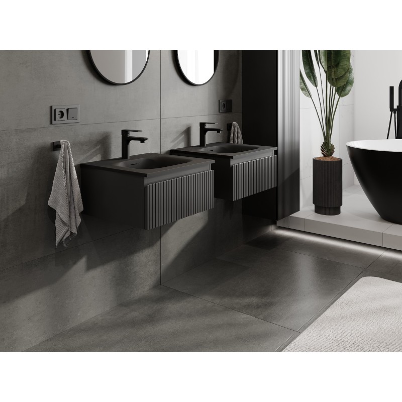 Mexen Rivel Badezimmerschrank 50 cm mit Waschbecken Vela, 1 Schublade, gerillt, schwarz matt - 91A20-05023-1-BF71-W23M71
